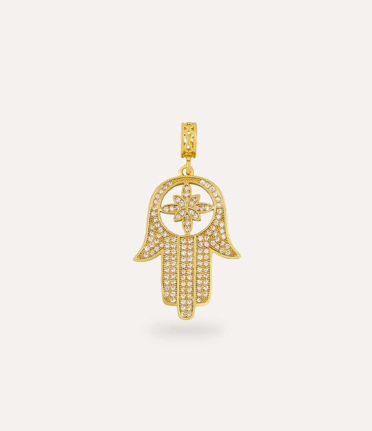 Gold Hamsa hand pendant with star design on a white background