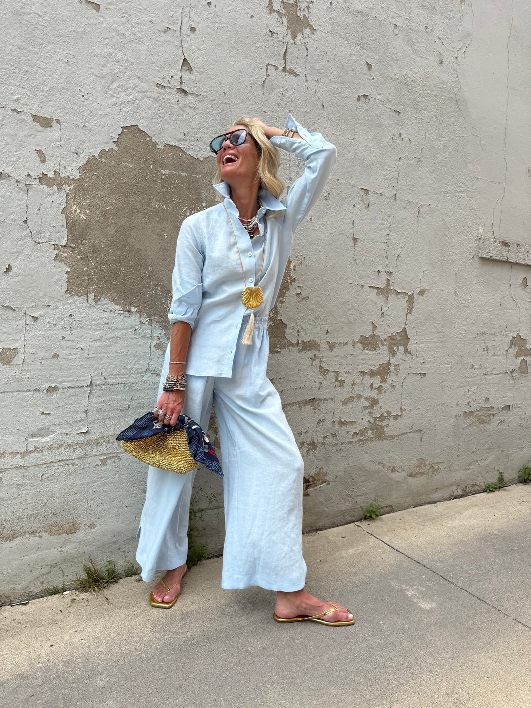 Scalloped Linen Pant - Pale Blue