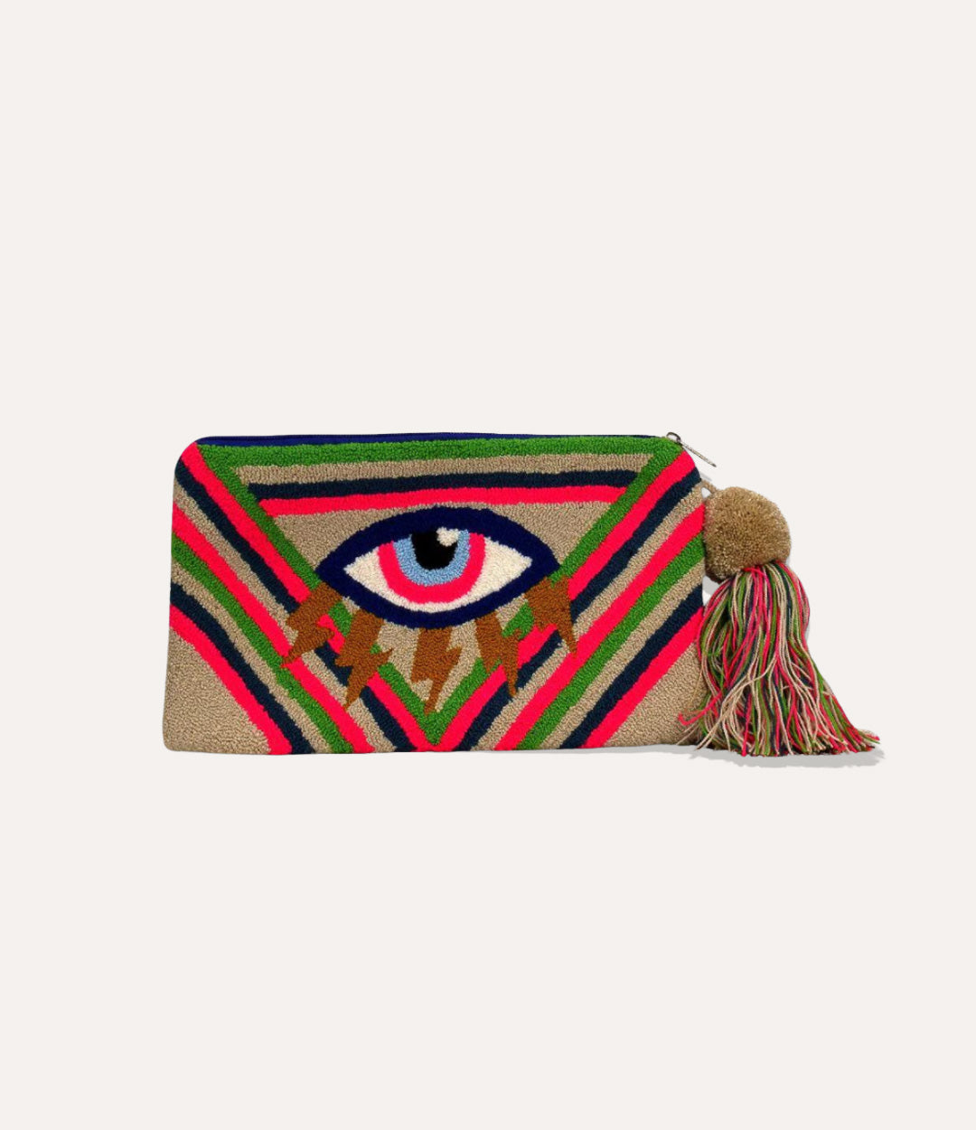 Colorful handbag with eye design and tassel on a white background