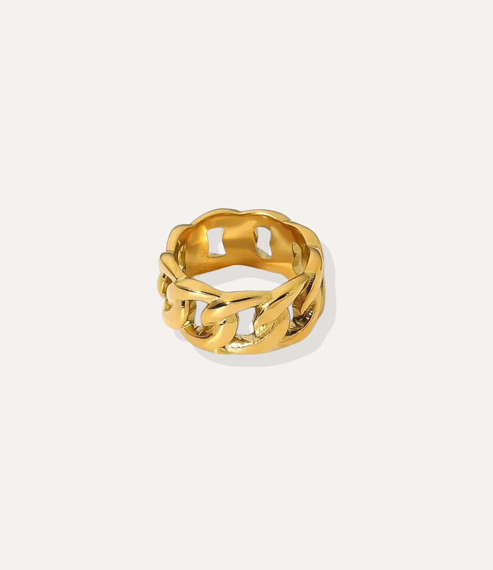 Link Ring in gold plated finish, featuring a textured chain-style band made of waterproof stainless steel, isolated on white.