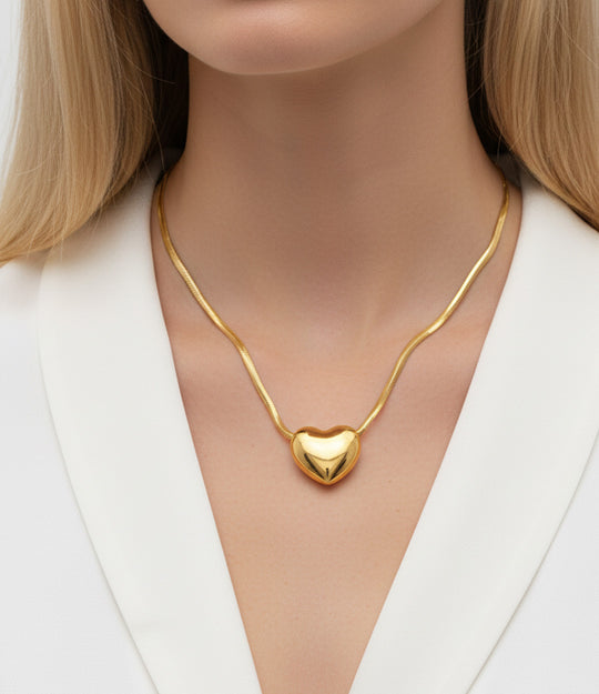 Love Snake Chain Necklace styled on model for elegant layered look