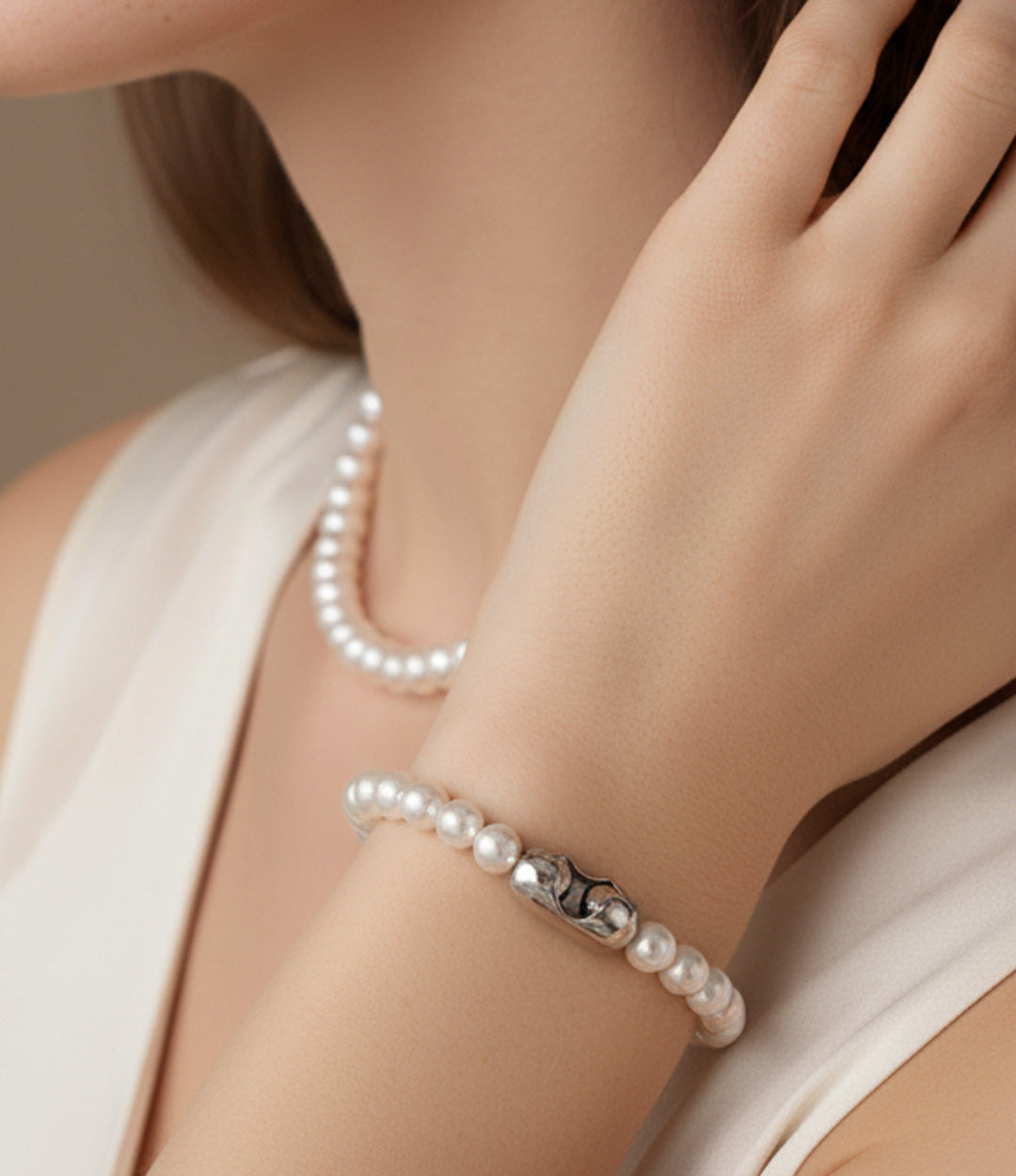 Close-up of elegant Swarovski pearl bracelet with magnetic closure