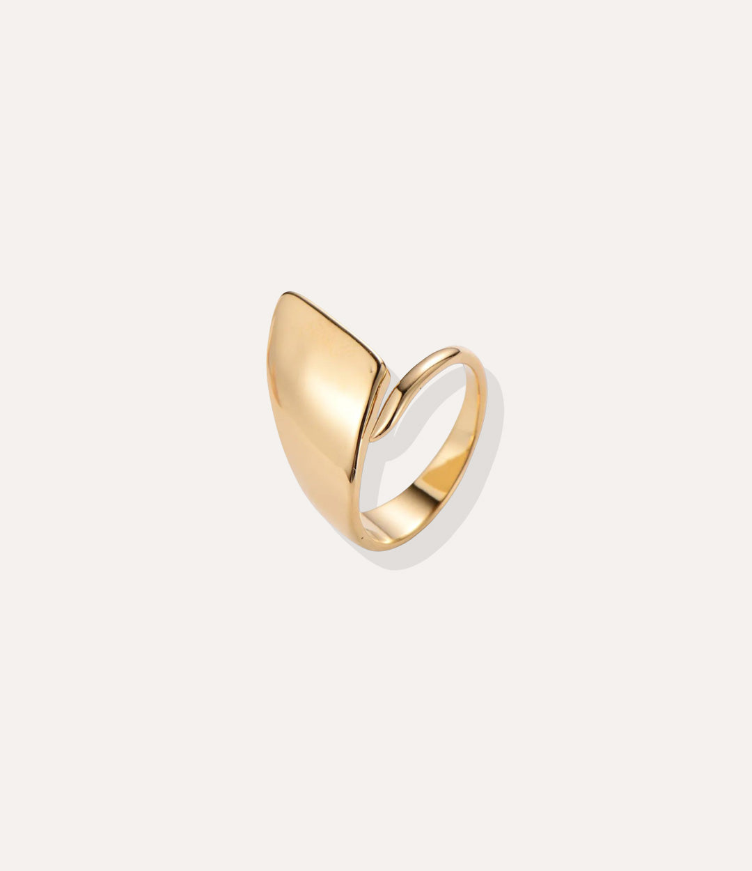 Mod Ring in 18k gold plated finish, featuring a smooth, substantial statement design made of waterproof stainless steel, isolated on white.
