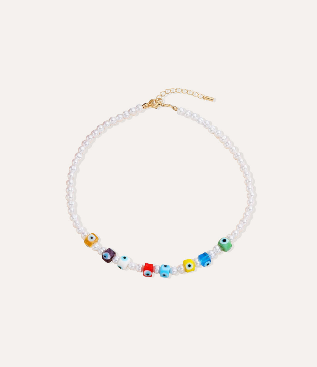 Colourful pearl necklace featuring multicolour glass evil eye beads