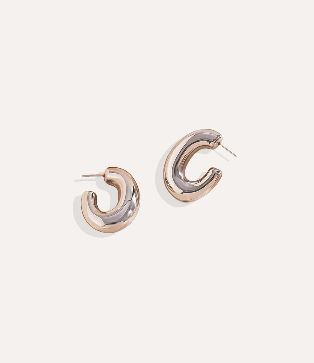 Pair of hoop earrings with two-tone design on a white background