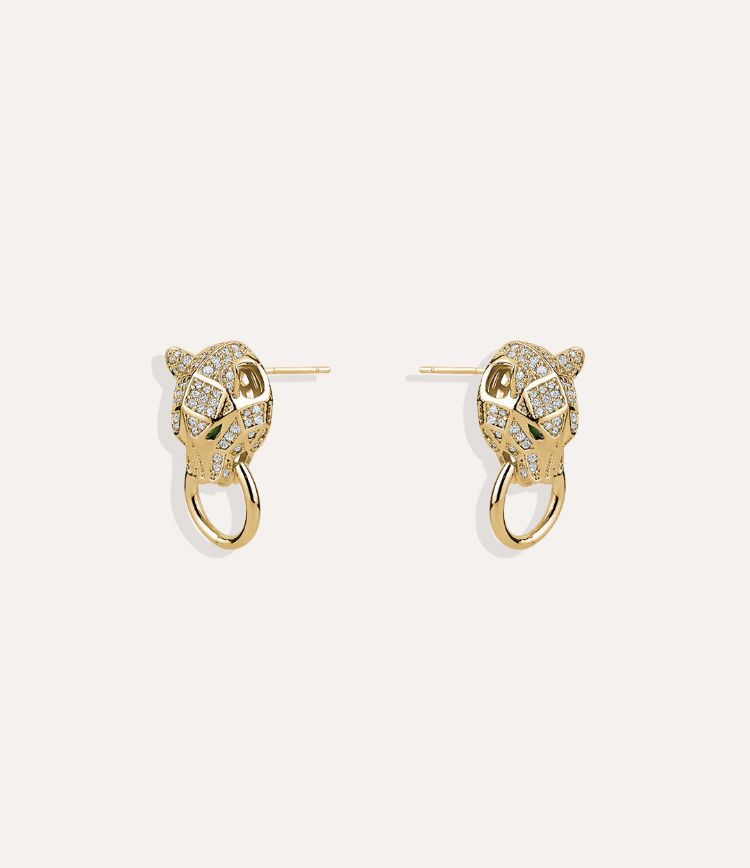 Product shot of the Panther Earrings in a gold finish, displaying the intricate panther shape and crystal accents on a white background.
