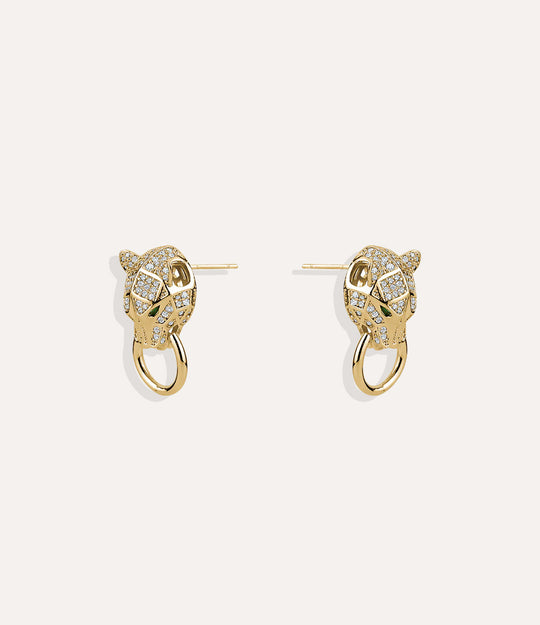 Product shot of the Panther Earrings in a gold finish, displaying the intricate panther shape and crystal accents on a white background.