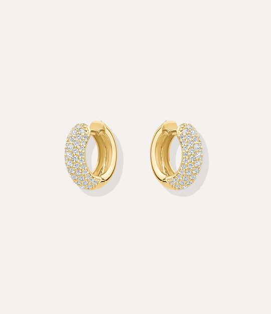 Close up of the gold Pave Hoops highlighting the detailed pave stones and polished gold finish.
