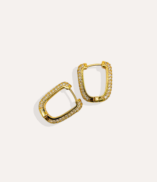 Product shot of the Pave Link Hoops in 14k gold plating displaying the pave stone setting and warm metallic finish on a white background