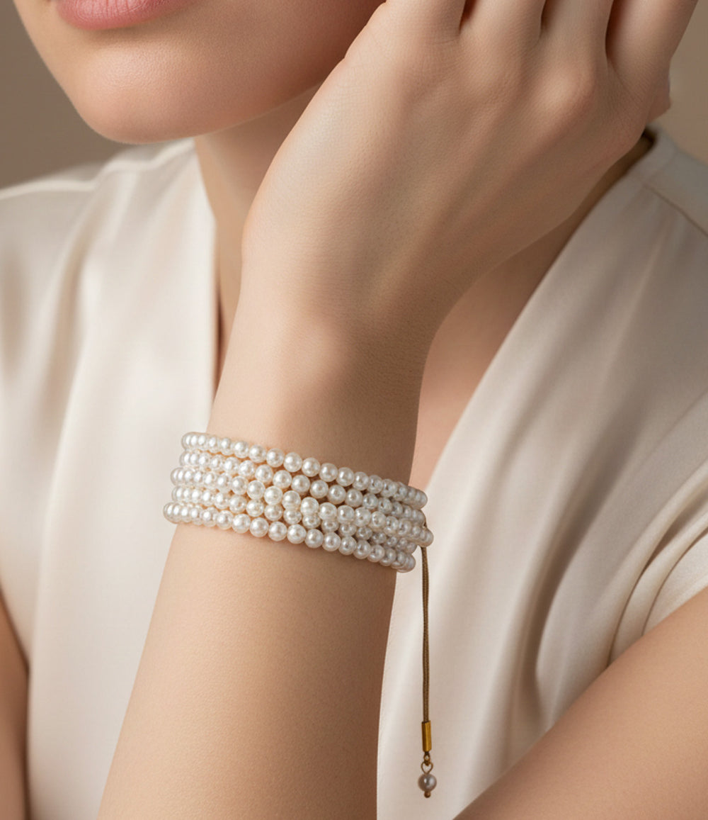 Close-up of layered Pearl Stack Bracelet with luminous pearl accents on multiple strands