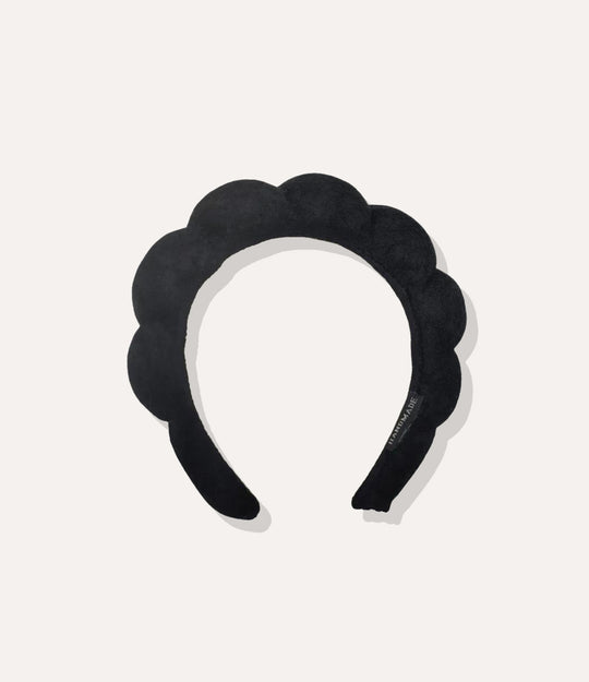 Puffy Towel Headband in black, featuring a thick sponge-like design and soft terry cloth texture isolated on white.