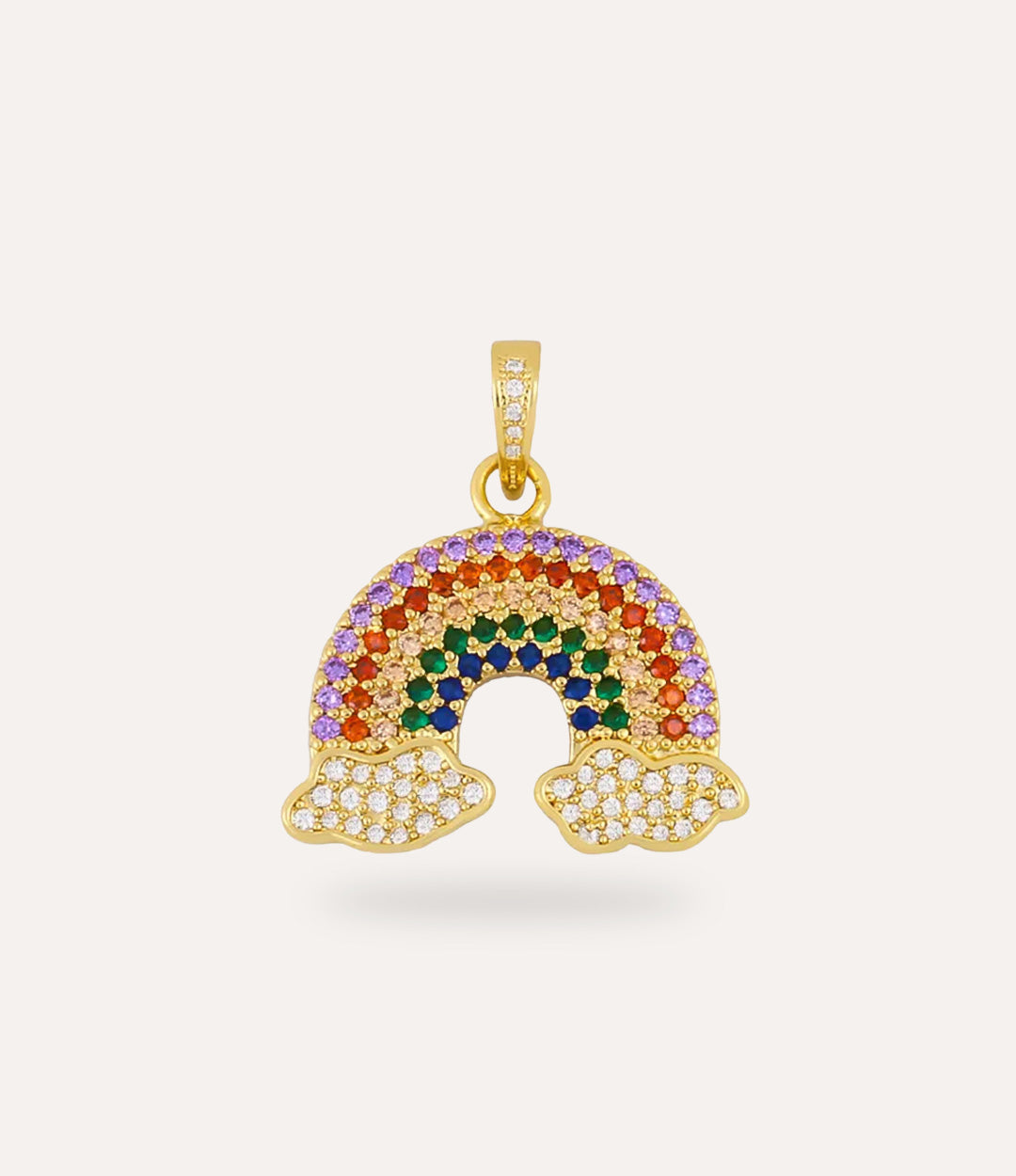 Gold rainbow pendant with colorful stones on a white background