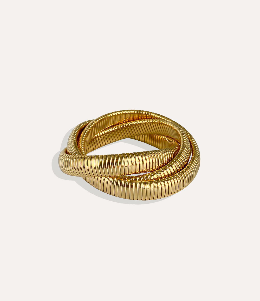 Snake Stretch Triple Bracelet in polished 14k gold plating, featuring a flexible triple snake-chain design.