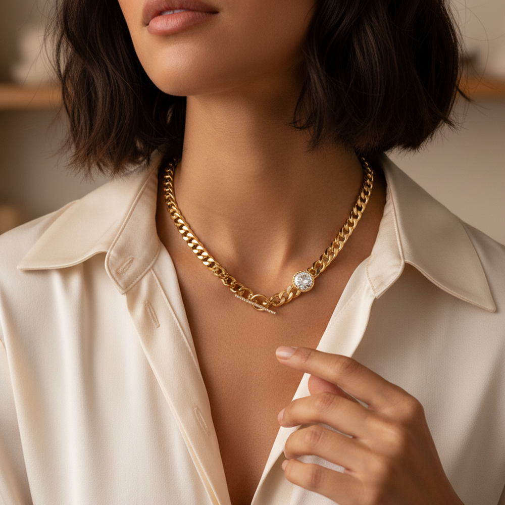 Woman wearing a gold chain necklace with a diamond pendant, close-up on neck and shoulders.
