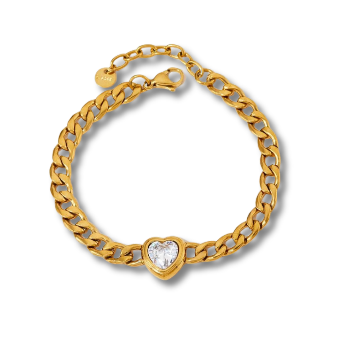 gold Solitaire Heart Chain Bracelet with crystal center