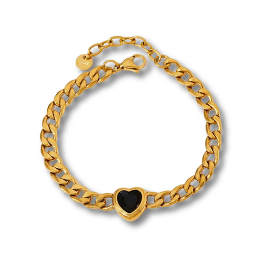 gold Solitaire Heart Chain Bracelet with black centre