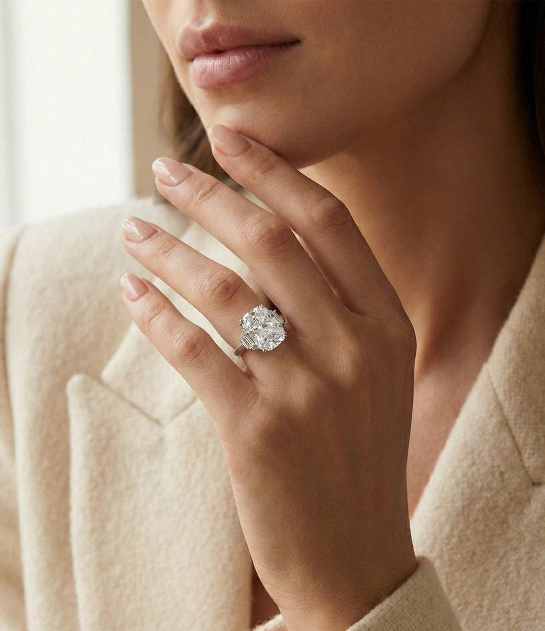 Close-up of a hand wearing a diamond ring with a blurred background