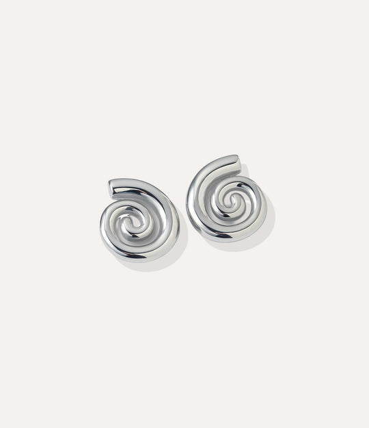 Close up of the Spiral Studs in silver, showing the smooth spiral design and stainless steel finish.
