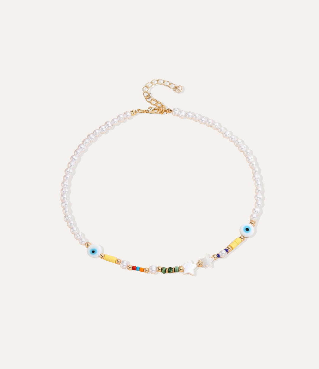 Star Protection Necklace featuring pearls, colourful beads, star charms, and evil-eye accents on a gold clasp.