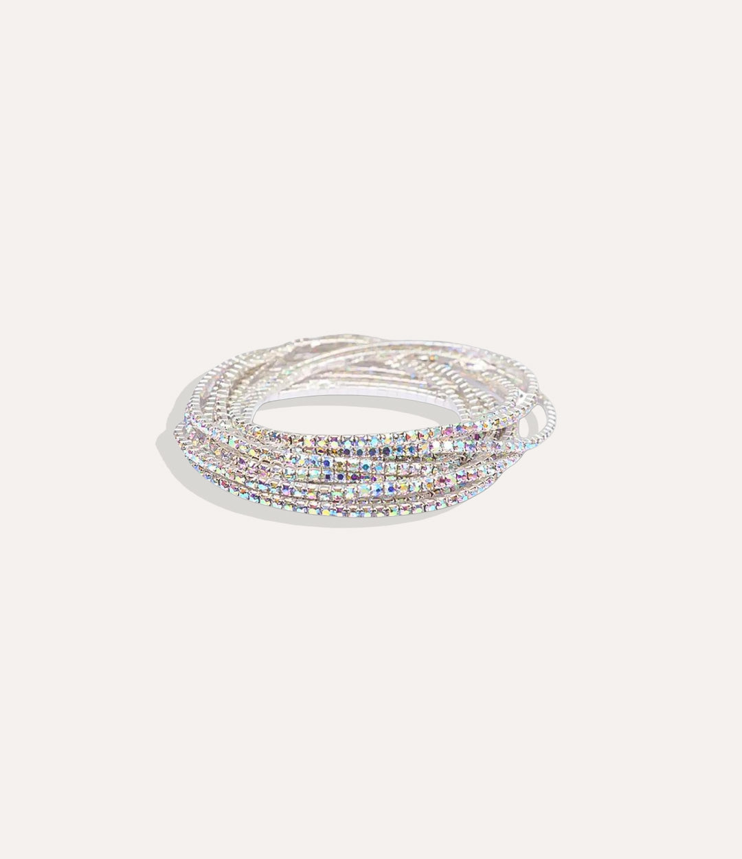 Stretch Tennis Bracelet in silver stainless steel featuring bright silver iridescent stones and a flexible stretch band in a clean product photo.