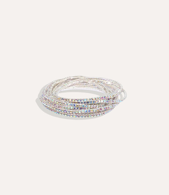 Stretch Tennis Bracelet in silver stainless steel featuring bright silver iridescent stones and a flexible stretch band in a clean product photo.