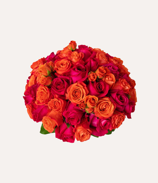 Bouquet of red and orange roses on a light gray background