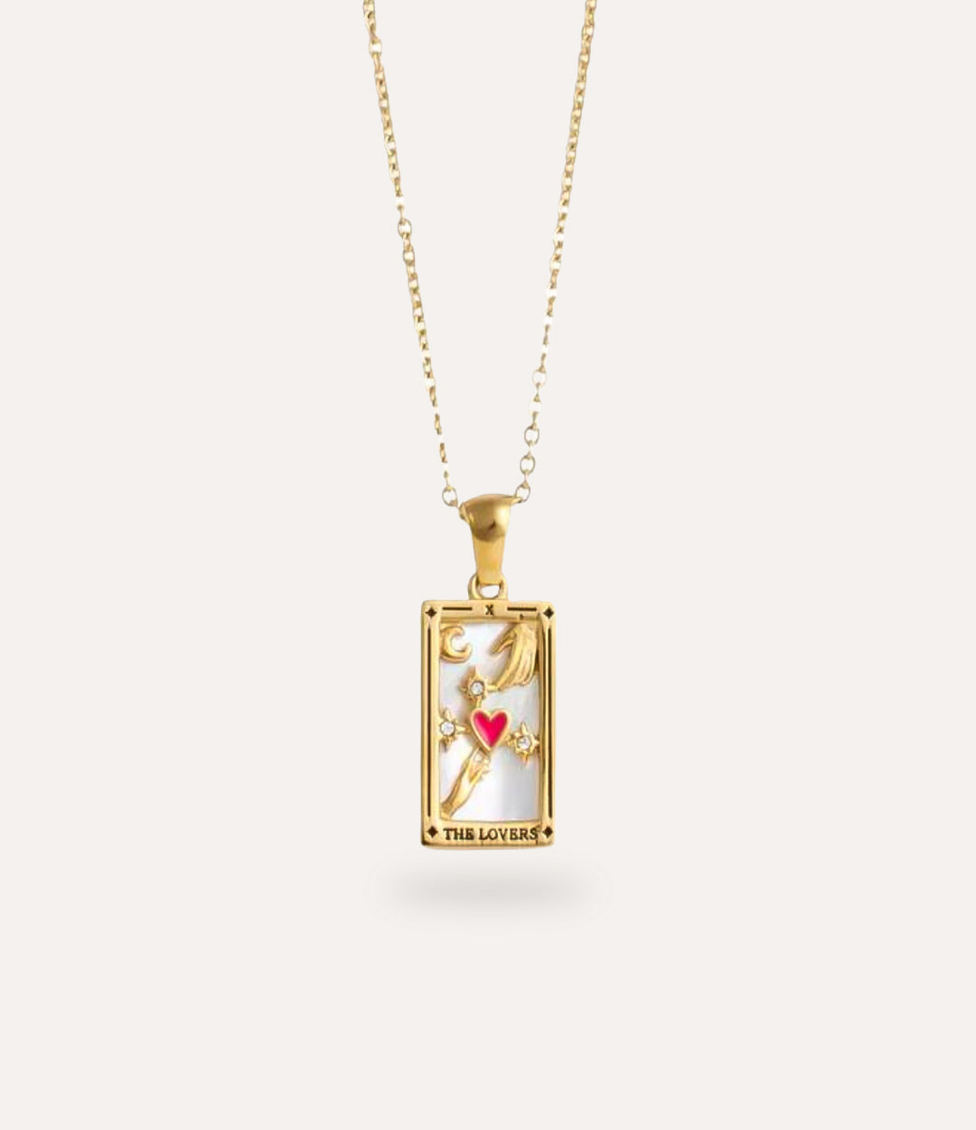 The lovers - gold tarot card pendant necklace with link chain displayed on a neutral background.