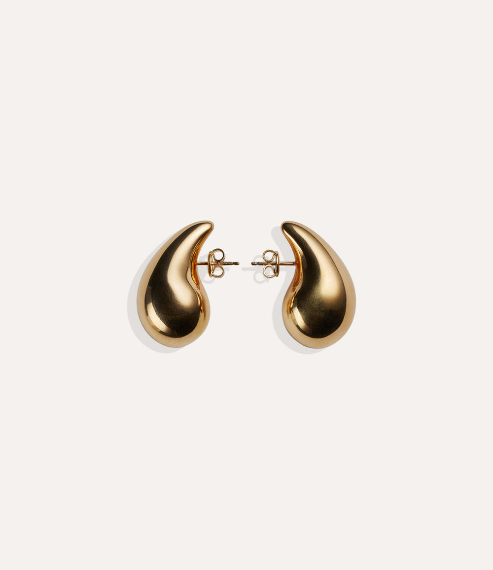Product shot of the Tear Drop Stud in 14k gold plating displaying the smooth water drop silhouette and high shine finish on a white background.