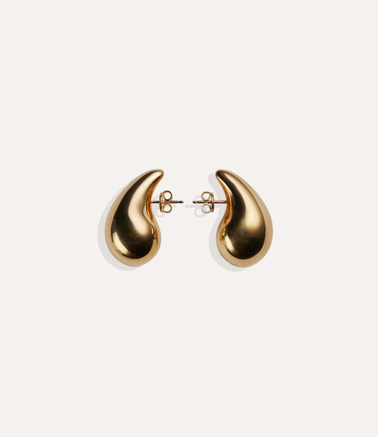 Product shot of the Tear Drop Stud in 14k gold plating displaying the smooth water drop silhouette and high shine finish on a white background.