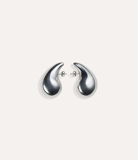 Product shot of the Tear Drop Stud in silver colour showing the cool sterling silver tone and modern puffy design on a white background.