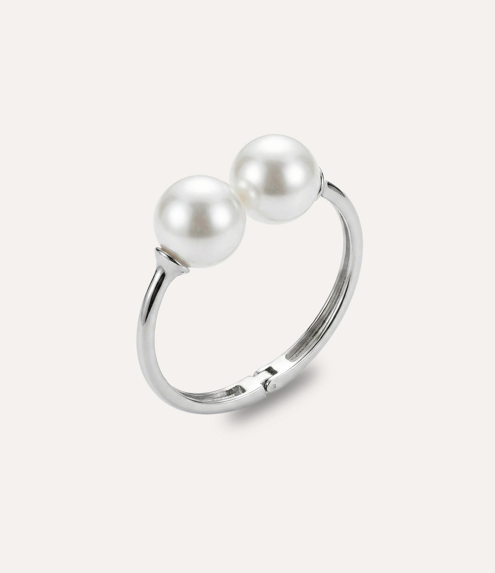 Silver pearl bangle featuring two symmetric pearls in a classic balanced design.