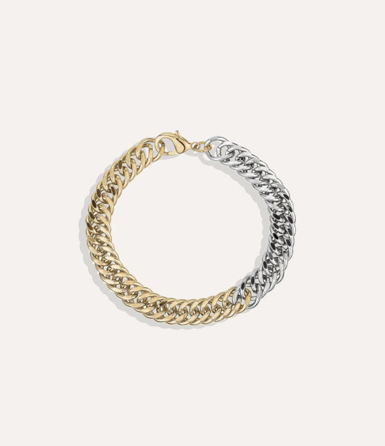 Two Tone Chain Bracelet made of brass, featuring mixed gold and silver links displayed on a neutral background.