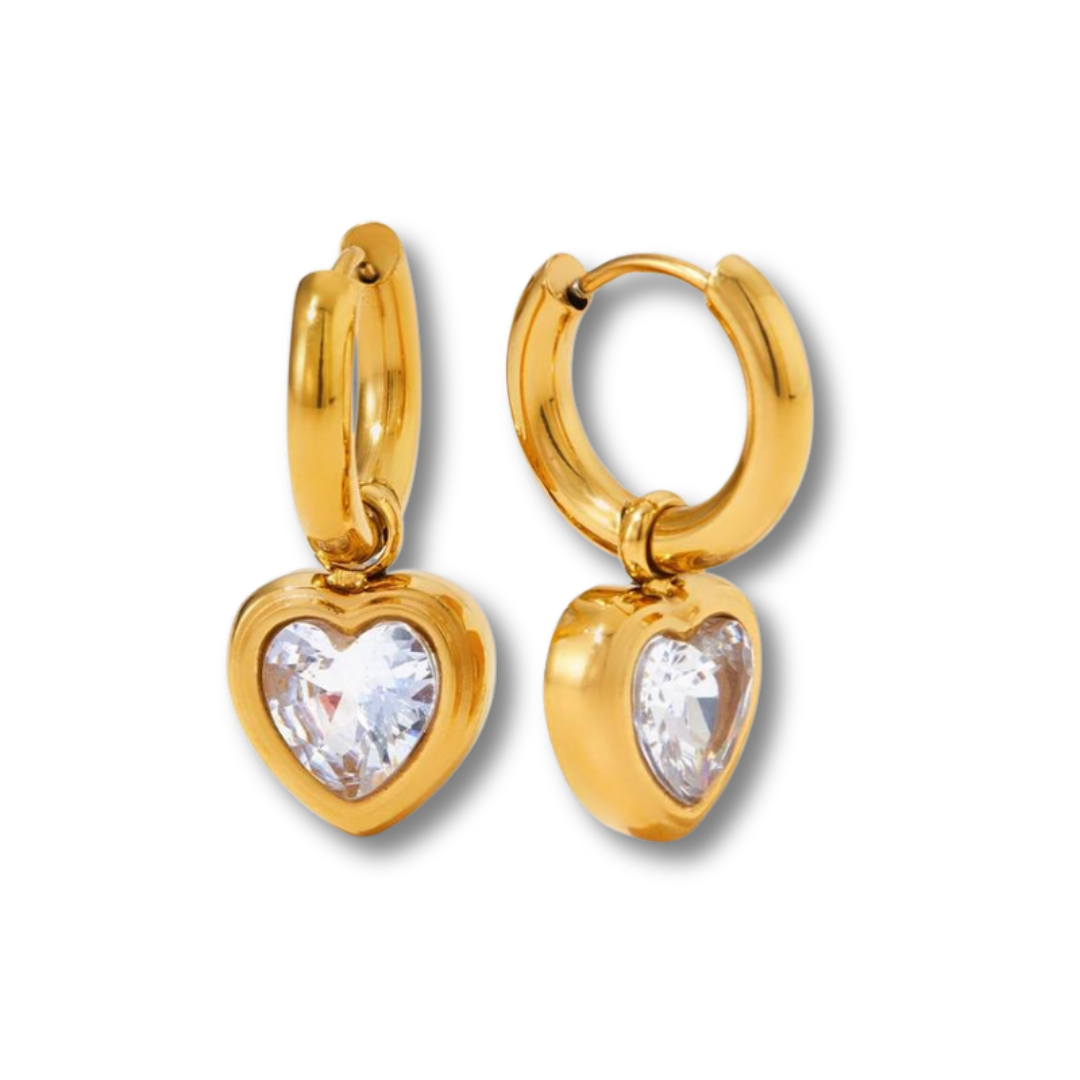 gold Solitaire Heart Hoop earrings with crystal center