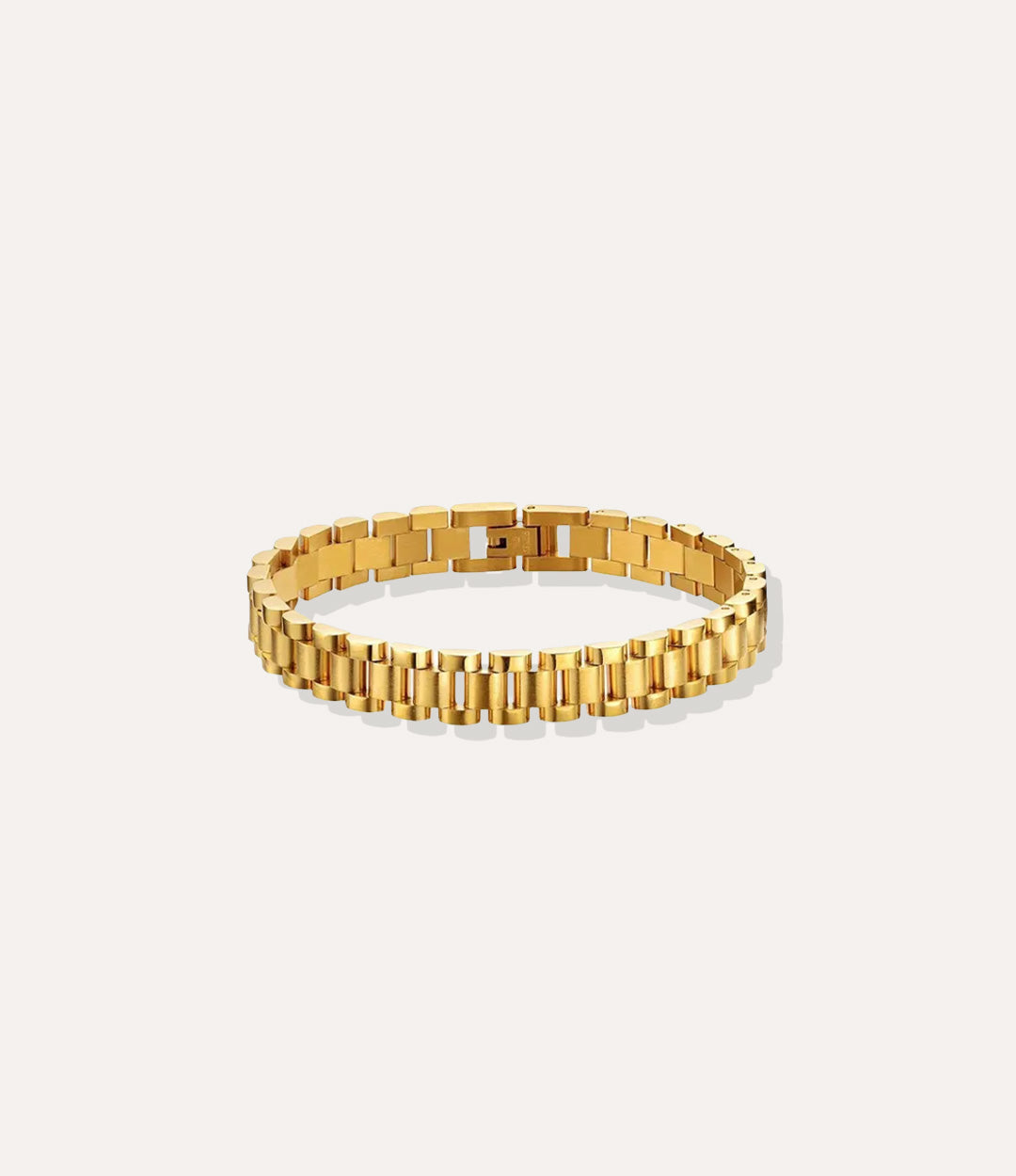 Watch Band Bracelet in polished gold finish featuring a chunky chain-link, watch-band style design.