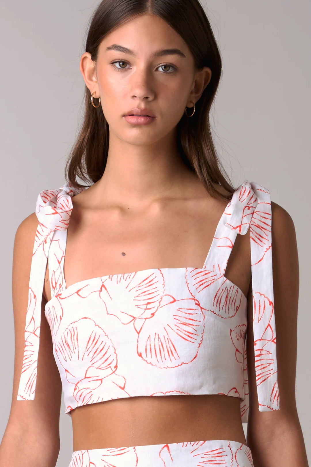 Tie Shoulder Top - White & Coral Shells