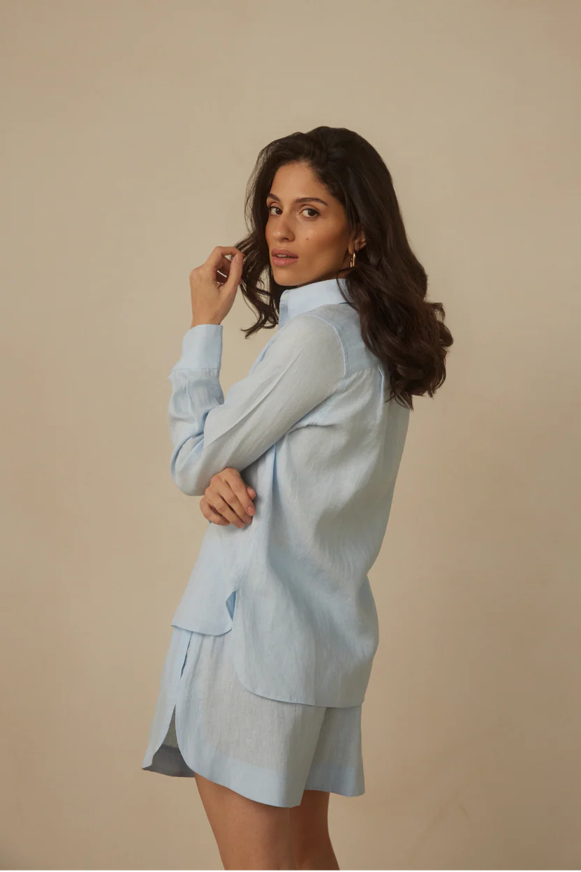 Scalloped Linen Short - Pale Blue