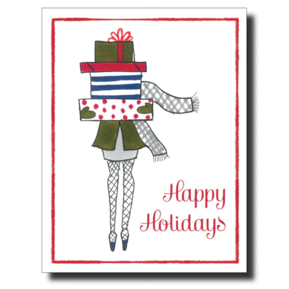 happy holidays girl with presents card